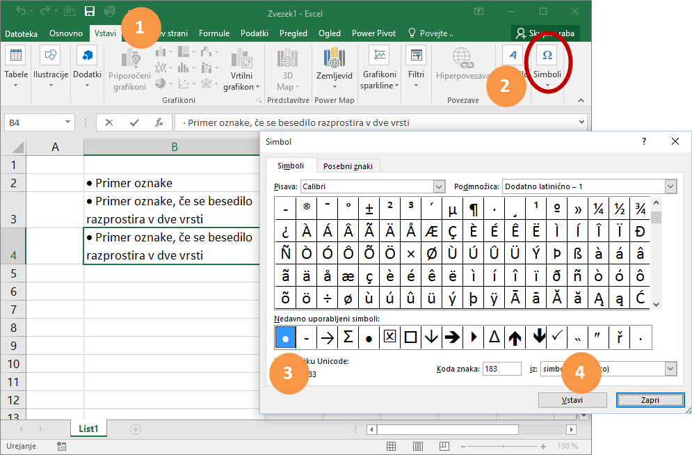 Excel | Vstavi simbol oznake