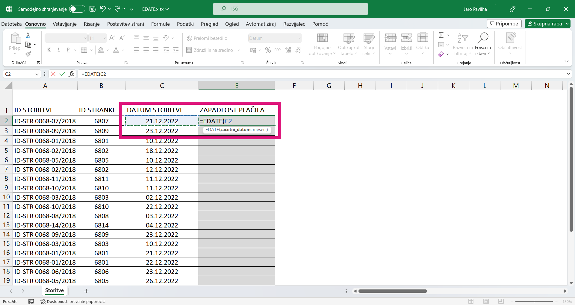 EDATE funkcija v Excelu