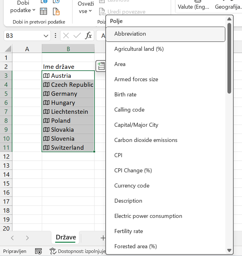 Excel geografski podatki izbirnik