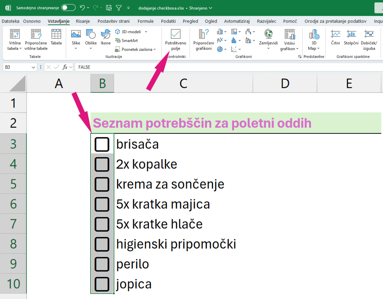 Excel potrditveno polje