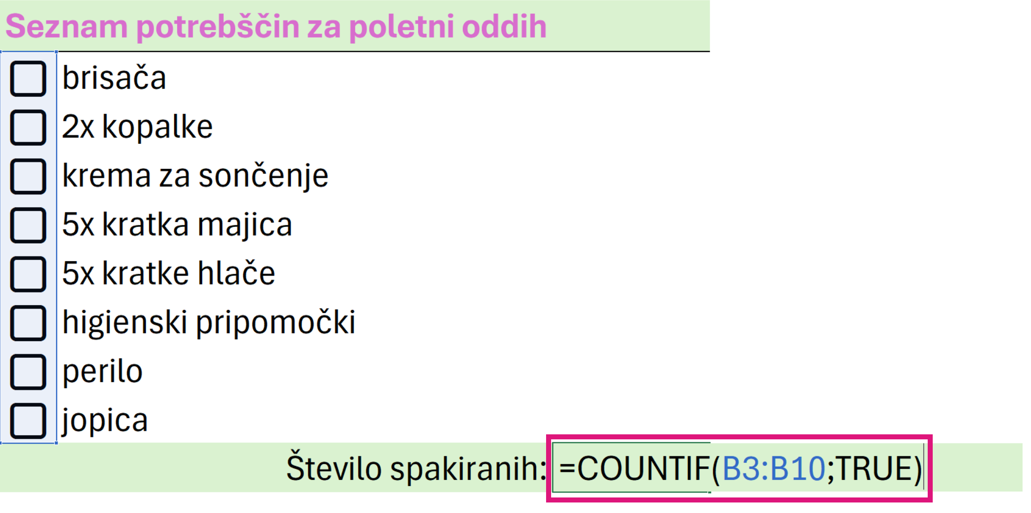 Excel potrditveno polje