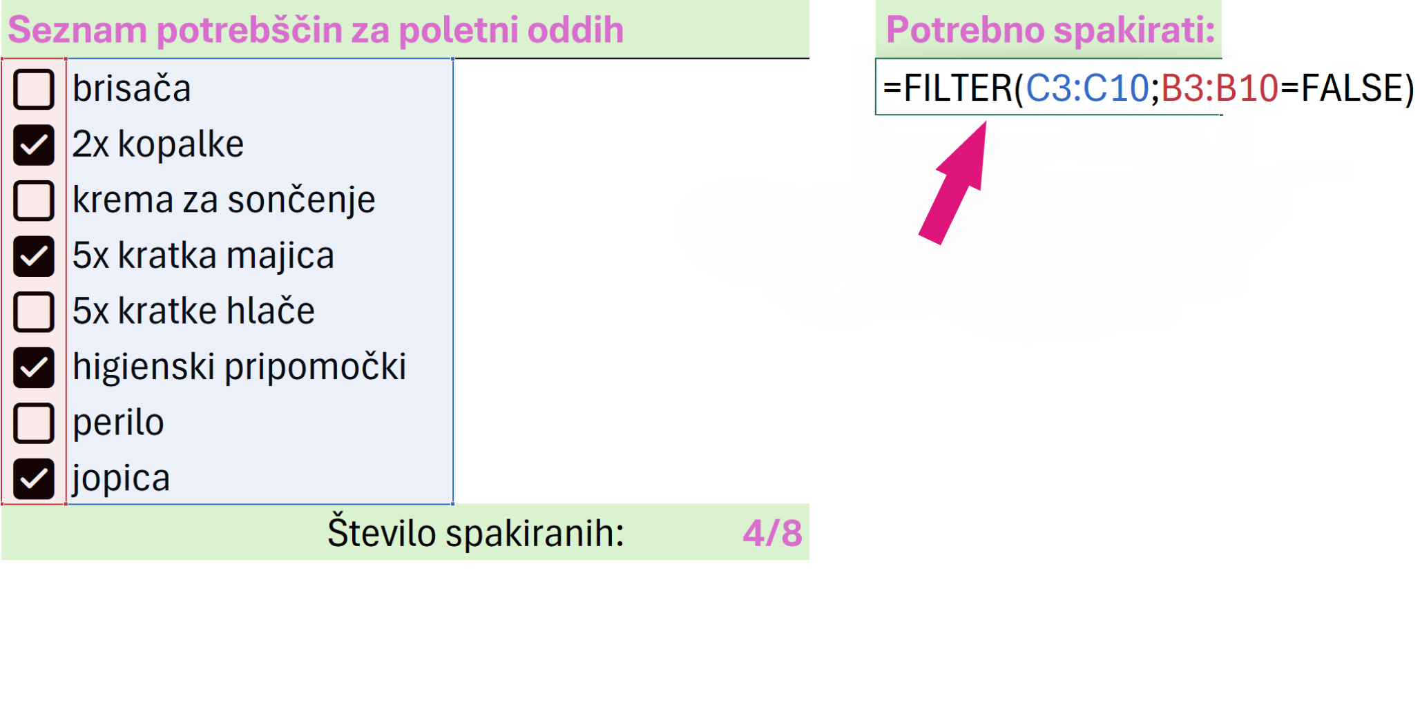 Excel Check box Funkcija Filter