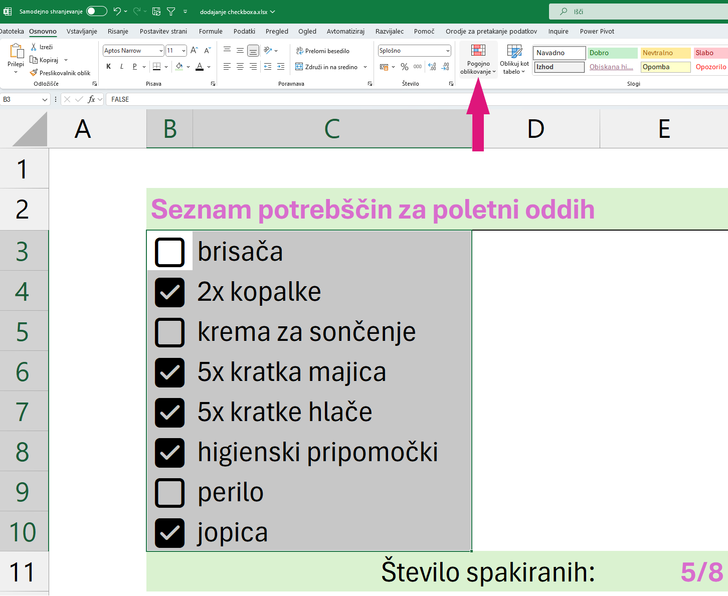 Excel pogojno oblikovanje