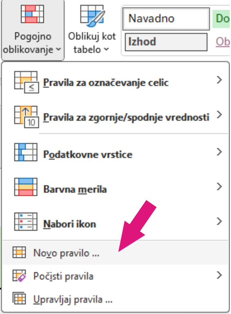 Excel pogojno oblikovanje